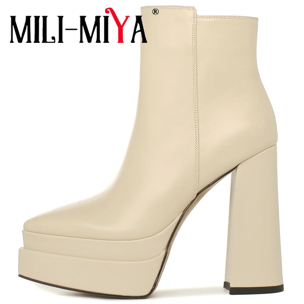 

MILI-MIYA Solid Color Pointed Toe Women Cow Leather Ankle Boots Zippers Super High Thick Heels Platform Plus Size 34-40 For Lady