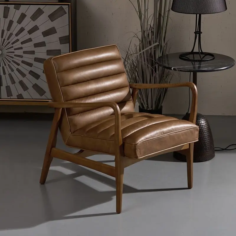 

retro oil wax leather solid wood sofa chair, single reading armchair, living room balcony leisure chair