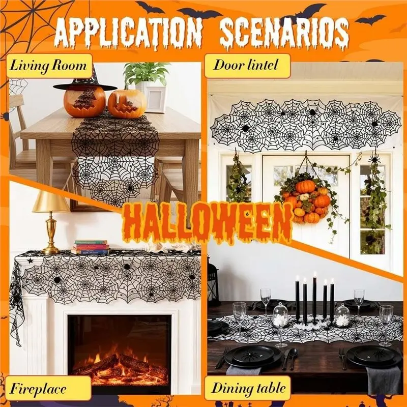 ABMH-Black Lace Spider Web Halloween Table Runner- 2Pcs 13X72 Inch For Dining Table, Mantle Counter,Party Decorations Mantel