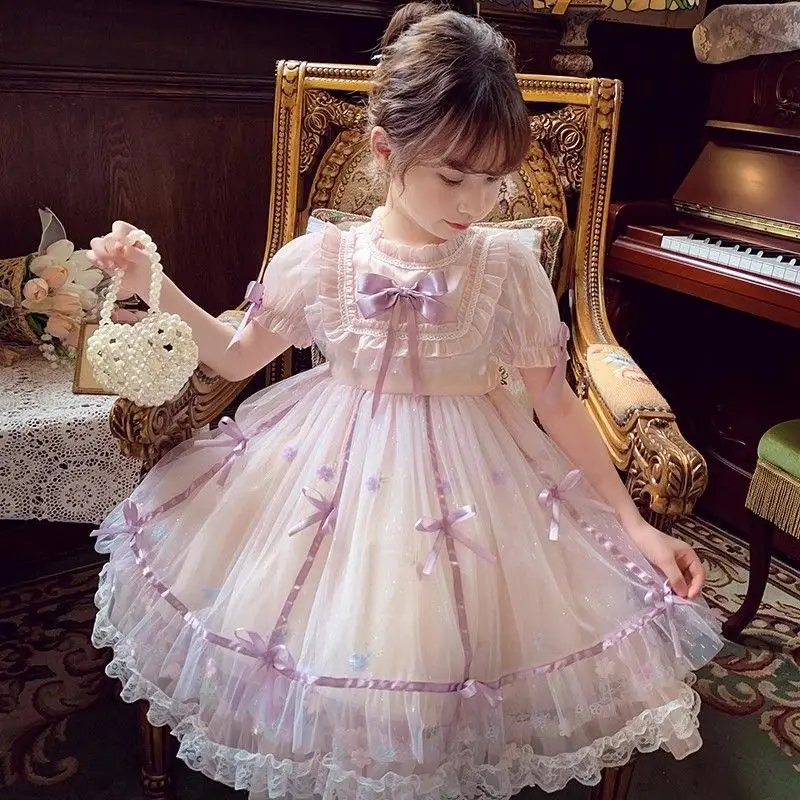 

Baby Girls Summer Sweet Lolita Lace Floral Princess Ball Gown Purple Bow Gauze Dress Birthday Holiday Party Children Eid Clothes