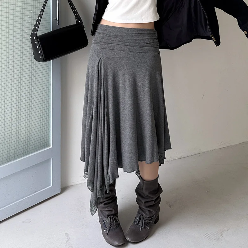 

Street Loose Pure Color Lace Hem Skirt Faionable Oversized Skirt Cotton Material Wrap Around Skirt for Couples