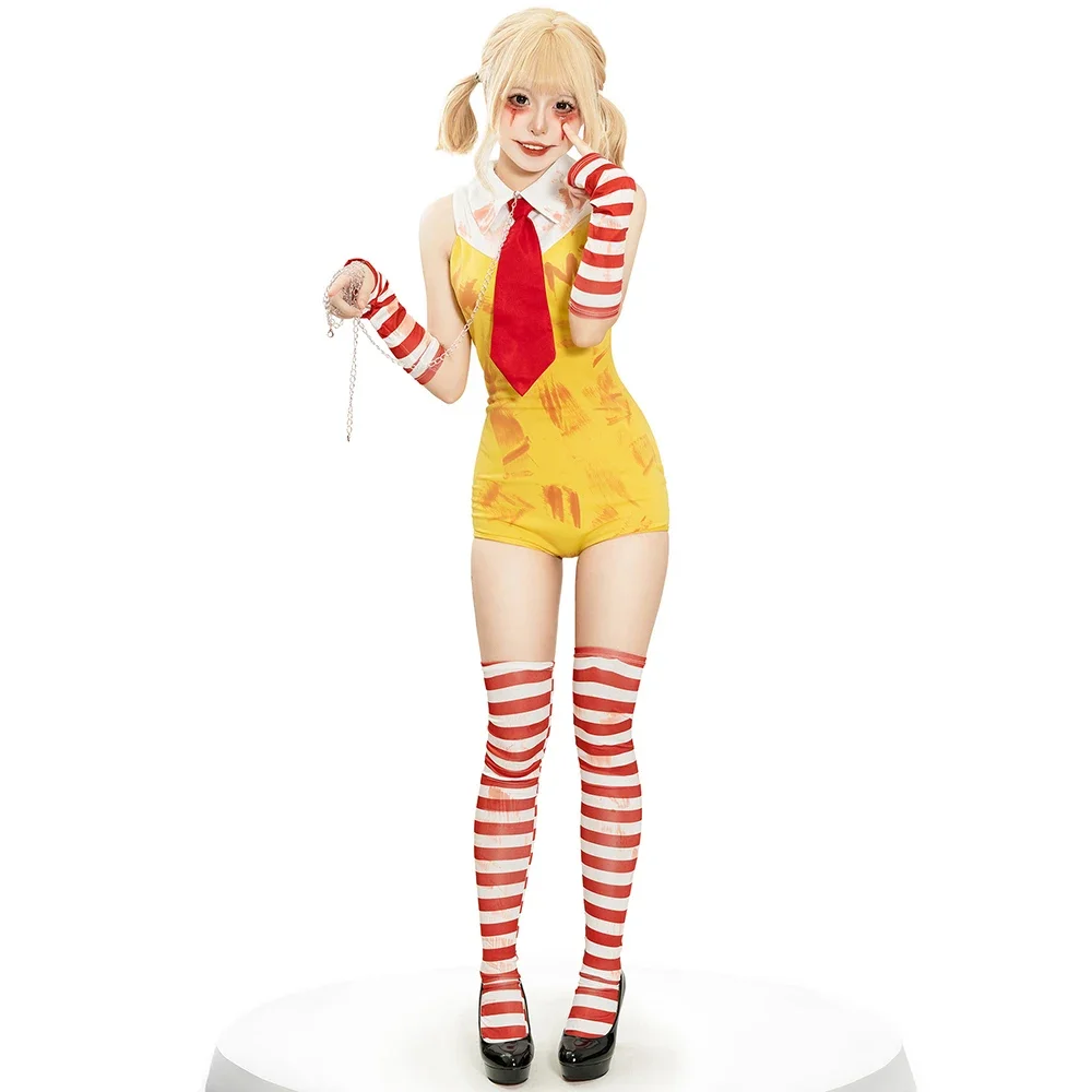 

Halloween Carnival Circus Clown Female Striped Sleeveless Yellow Jumpsuit Tie Suit Stage Performance Cosplay Props Clothing Set