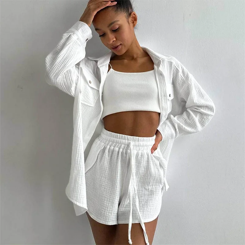 Summer Clothes Women Shirts Turn Down Collar Pockets Long Sleeve Tops and High Waist Shorts Suit Cotton Casual Two Piece Sets