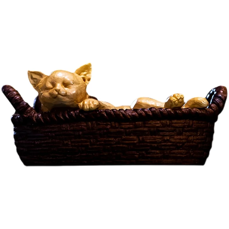 Boxwood Carved Cat Sculpture, Creative Animal Craft, Decor and Accessories