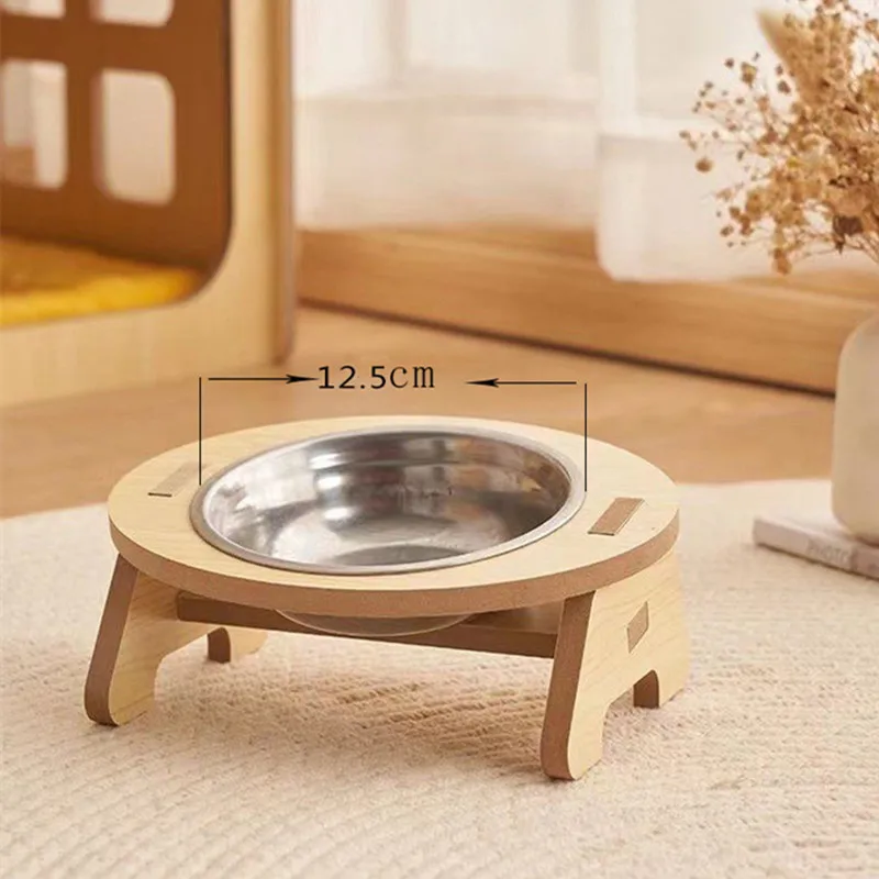 Elevated Pet Bowls Tilted Single/Double Cat Stainless Steel Food Bowls Wooden Dog Water Feeding Container Cat Supplies