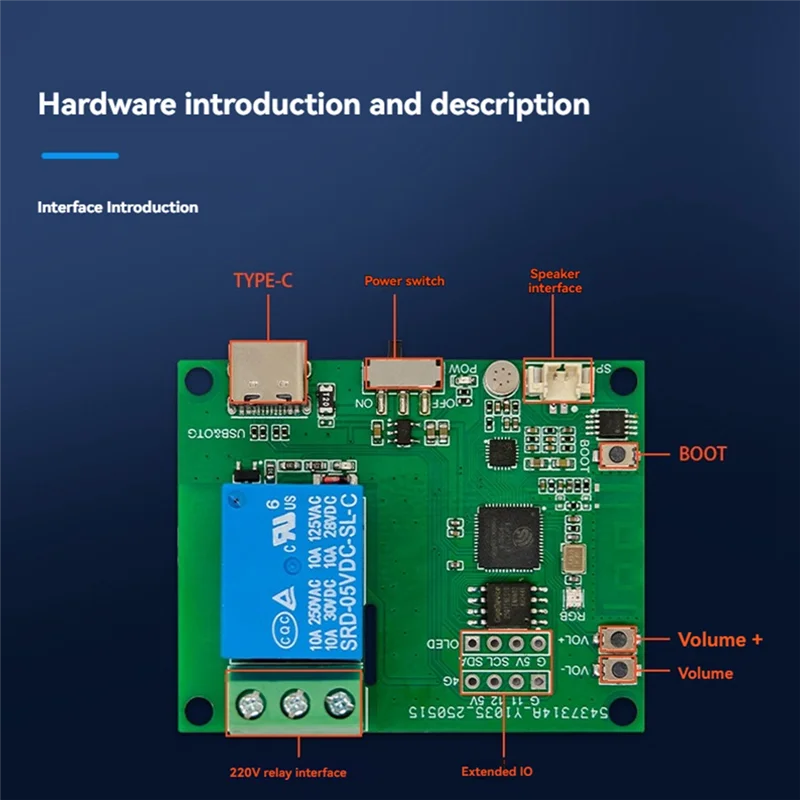 Módulo de relé de Control de voz de 1 vía ESP32-AI reconocimiento de voz amplificador de micrófono integrado interfaz de TYPE-C de altavoz