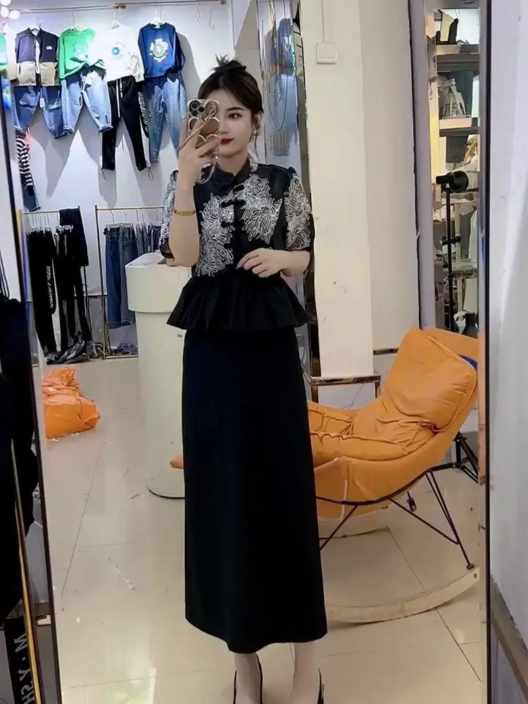 New Chinese Style Summer Printed 2 Piece Set Women Small Fragrance Short Sleeve Shirt Top + Midi Skirt Black Women's Suit