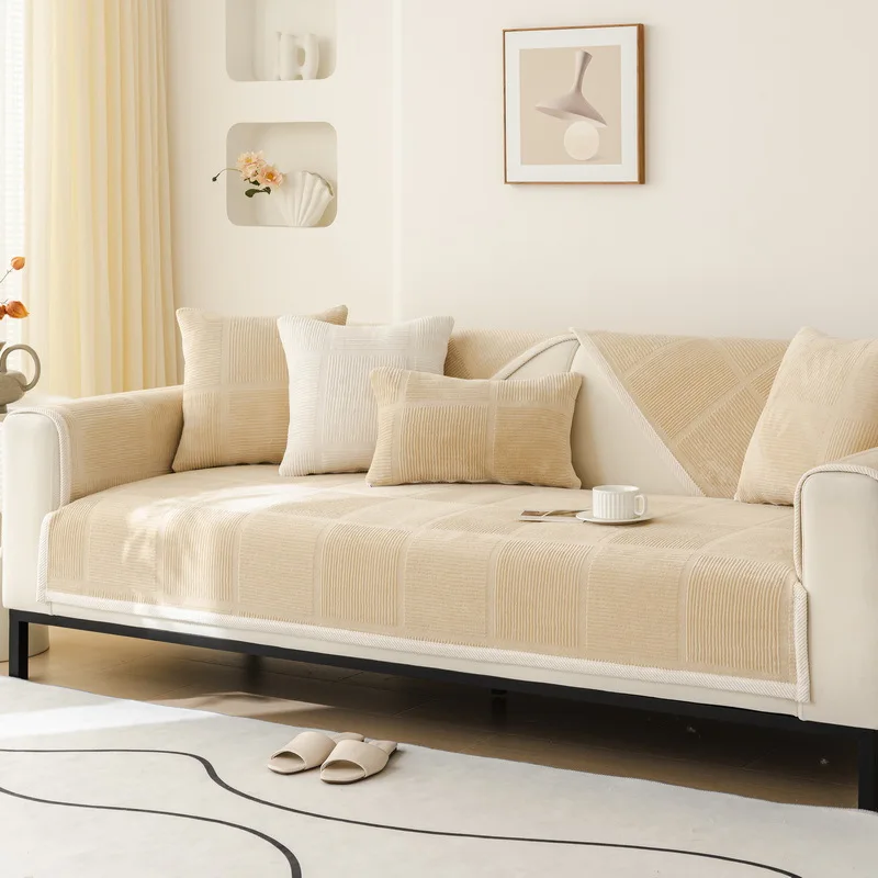 Universal Four Seasons Quilted Cotton Leaf Sofa Cushion Pure Color Modern Anti-Slip Sofa Pad Cloth Home Decorative