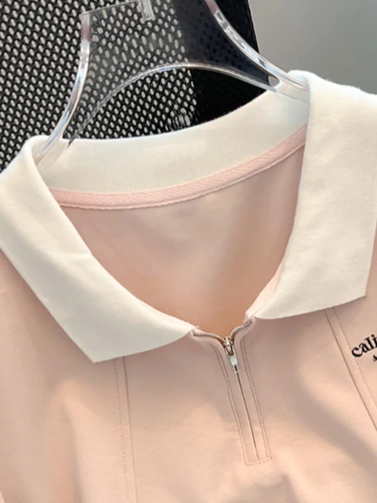 Summer Women's  irt ort Sve Zipper Pure Cotton Slim Fit Design Sense Henry Collar Top Korean Sle Commute Faion