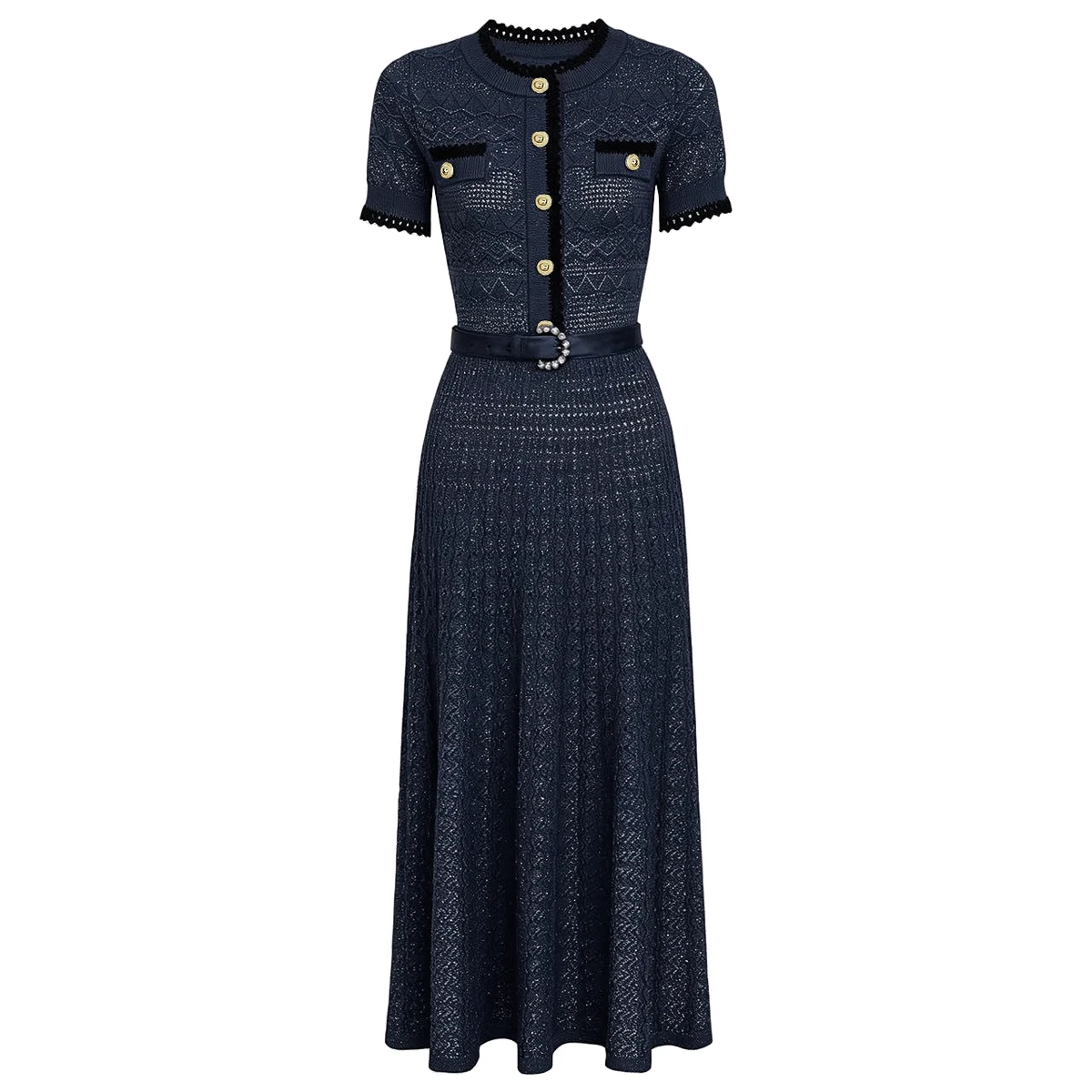 26197 Summer New Elegant Ladies Round Neck Short Sleeve Flattering Fit Maxi Dress Matching Belt Socialite Women Daily Outfit