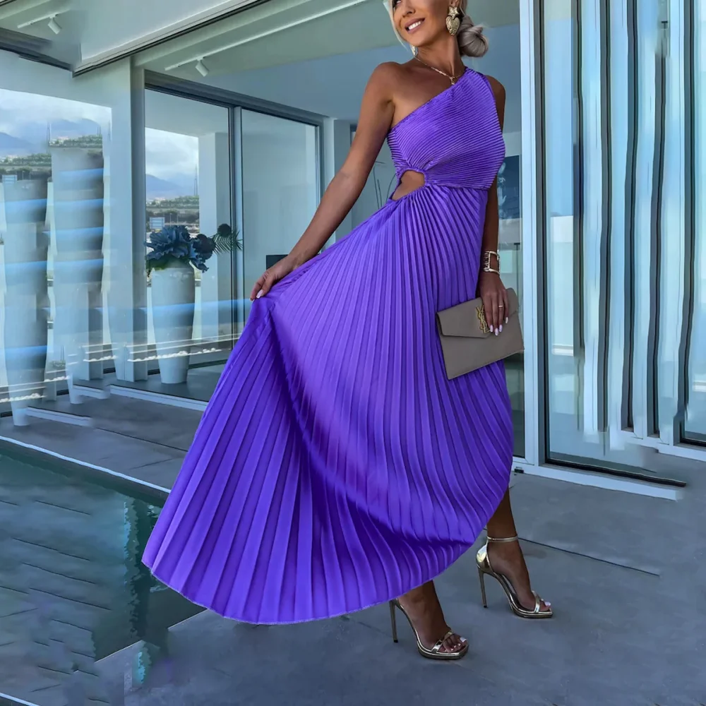 Customized Purple One Shoulder Mother Of Bride Dresses Waist Cutout Pleated Chiffon Asymmetrical Midi Wedding Guest Prom Gown