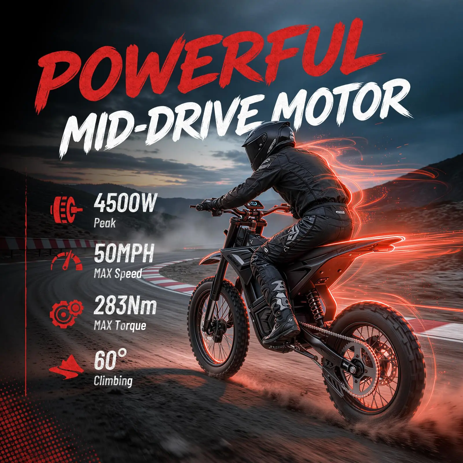 QRONGE X3 Spark Electric Dirt Bike for Adults Teens, 4500W Mid-Drive Motor, 60V 30Ah Battery, 70 Miles Range, 50MPH, 17