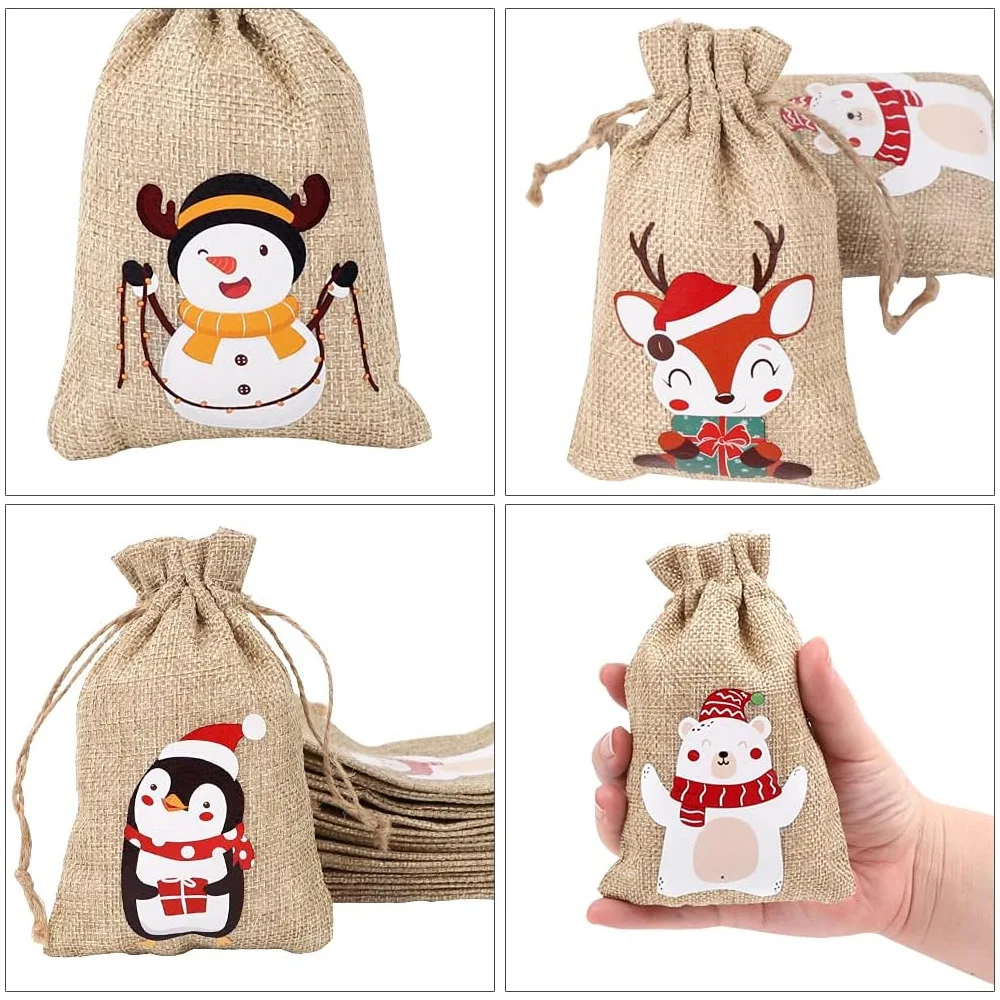 30pcs/lot 10*15cm Christmas Tree Elk Santa Claus Linen Drawstring Pouches Children Christmas Gift Candy Cookie Packaging Bags