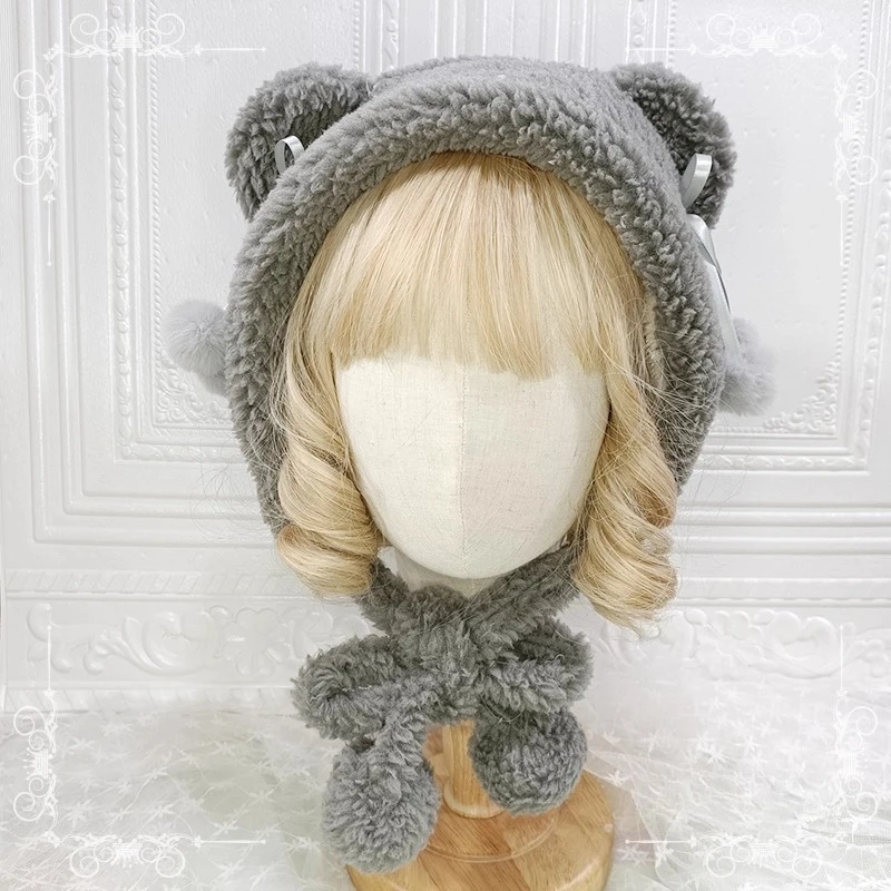 Original Cute Bear Ears Lamb Plush Hat Warm Weaving Japanese Girl Heart Parent Child JK Lolita Student Hat