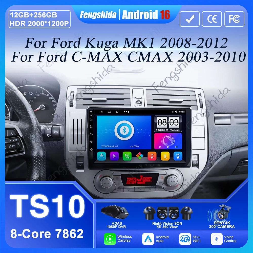 Radio de coche Android 16 para Ford Kuga MK1 2008-2012 para Ford C-MAX CMAX 2003-2010 GPS 2k pantalla Carplay 4G Wifi vídeo estéreo DSP BT