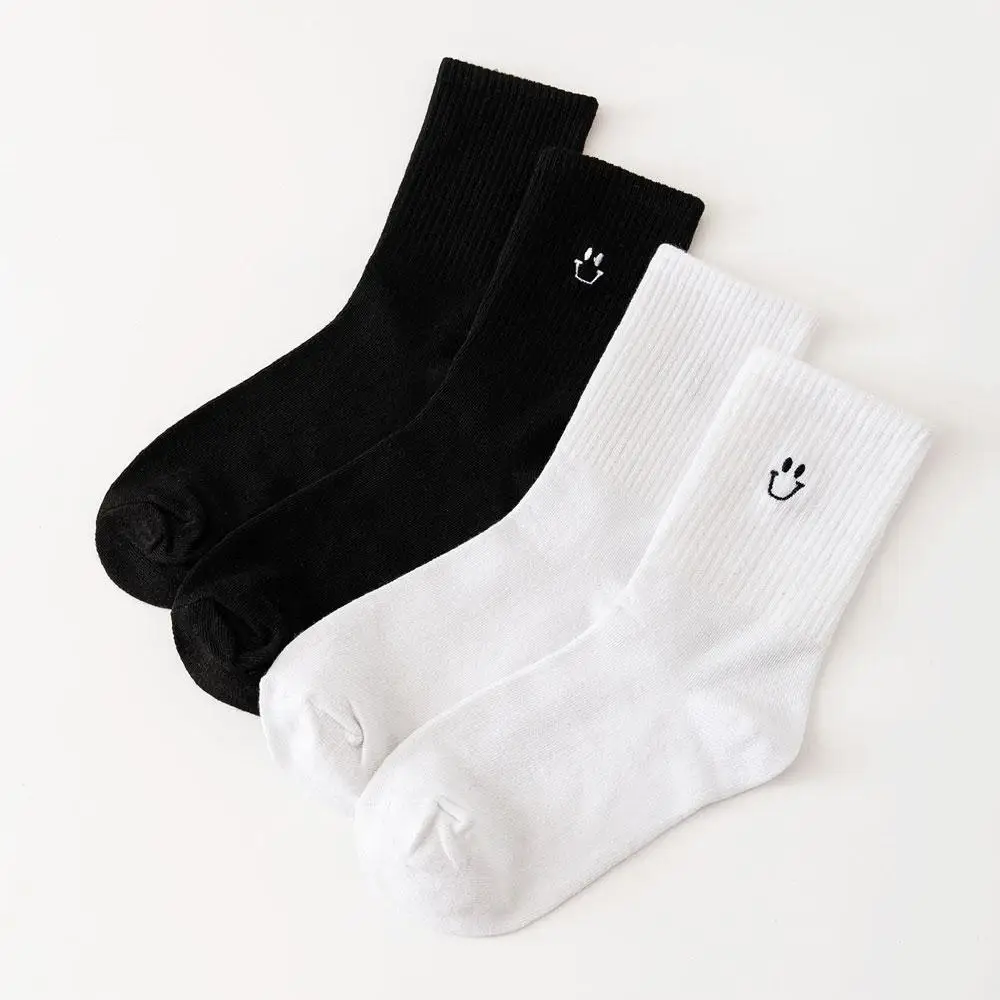 2 Pairs Women Smile Socks Y2k Black White Socks For Girl Cotton Socks Funny Simple Design Embroidery Korean Style