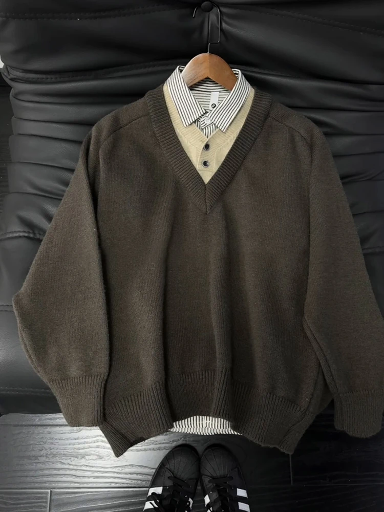 

Thiened V-Ne Knitted Sweater Men's Winter Faion American Retro Outerwear Casual Wear Polyester Fiber Long Sve Sweater