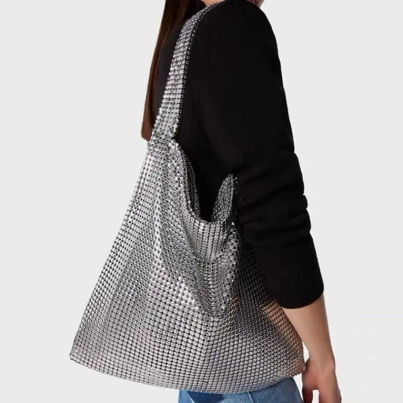 Luxury Metal Mesh Women Shoulder Bags Designer Shiny Lady Handbags Silver Glitter Evening Party Bag Large Tote Feamle Purses2023