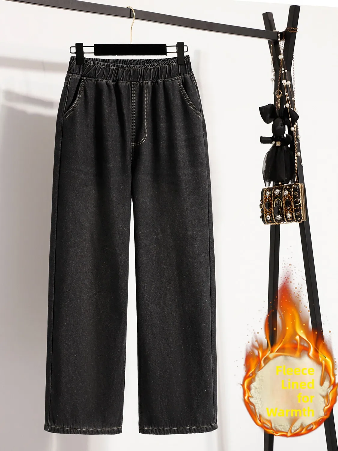 Plus Size Donna Inverno Nuovo Fce Foderato Thiened Casual Jeans caldi Gamba dritta Pantaloni a gamba larga Pantaloni lunghi