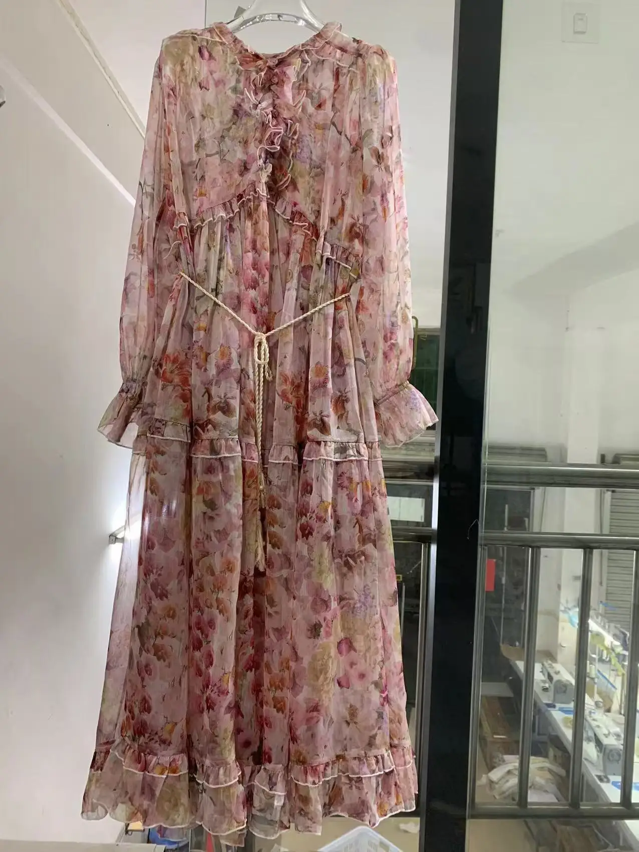 SEQINYY Elegant Midi Dress Summer Spring New Fashion Design Women Runway V-Neck Loose Vintage Pink Flower Print Holiday Casual