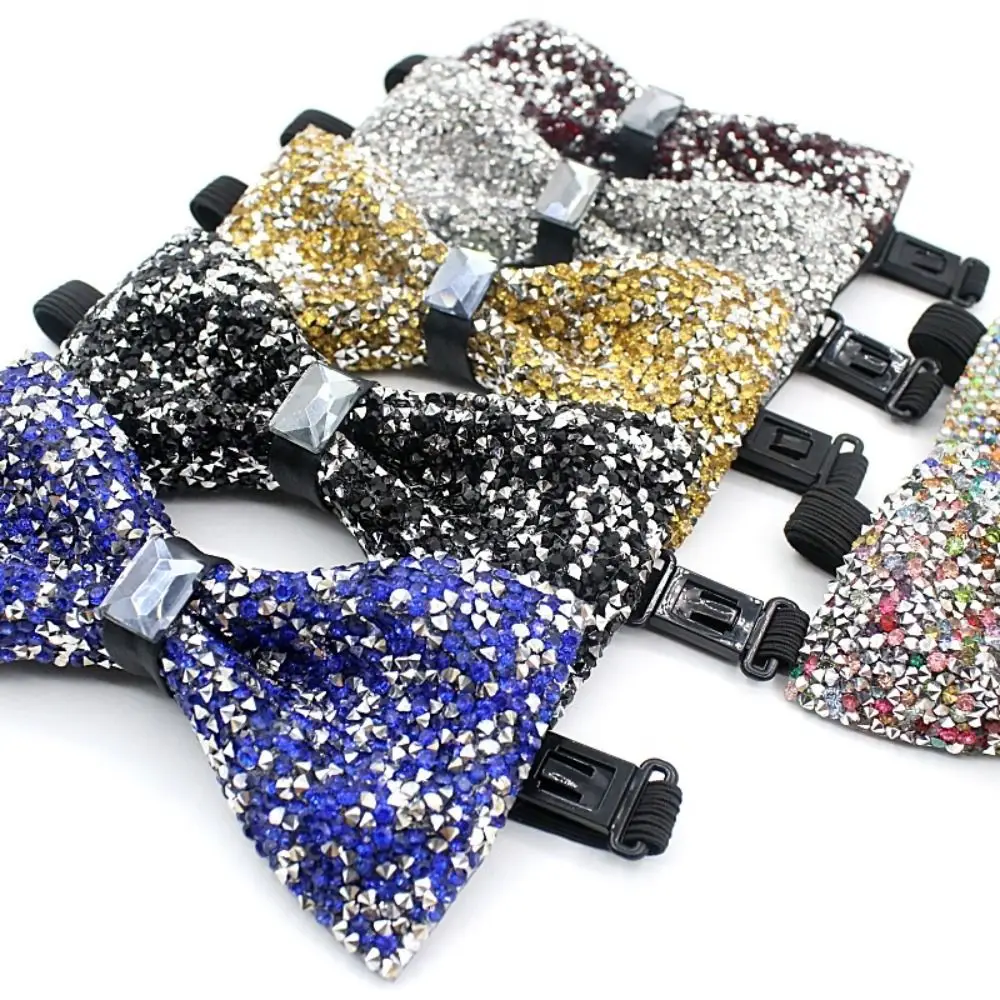 Luxury Polyester Fabric Rhinestone Bow Tie Adjustable Bowknot Necktie Neck Decoration Wedding