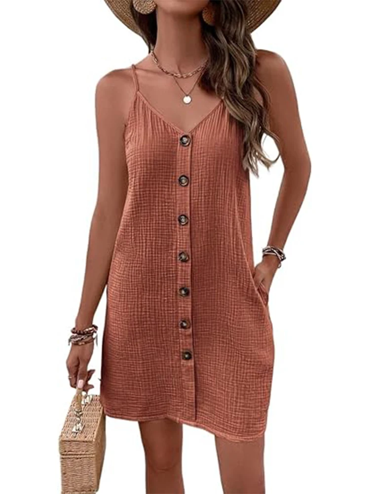 Braunes strukturiertes Damenkleid mit Knopfleiste vorne, Spaghettiträger, Taschen, ideal für Sommerurlaub, Strandausflüge, böhmische Stile