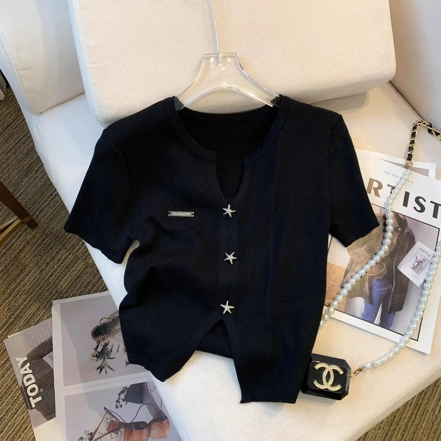 Summer Ice Silk Knitted Sweater Women Short Sleeve White T-shirt Button Thin Tops Design Loose Casual Coat Short Tees Black Grey