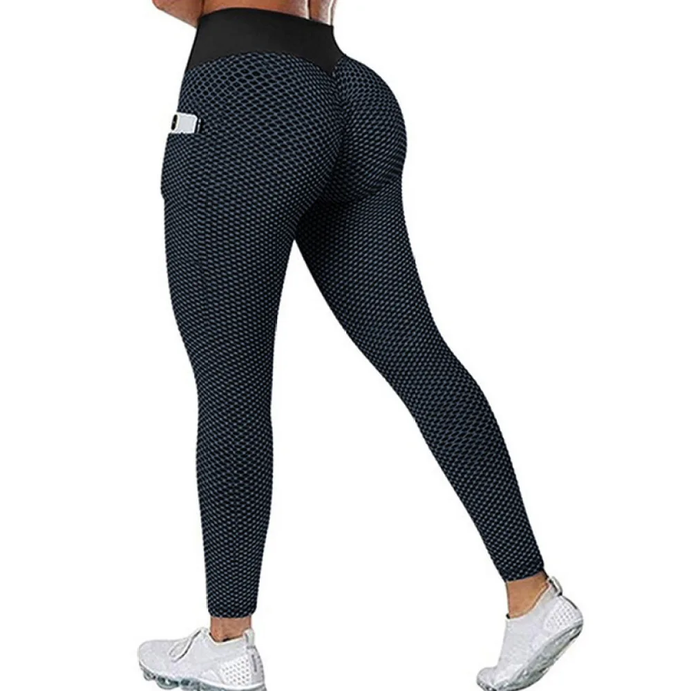 High Waist Yoga Pants Pocket Honeycomb Fabric Women Workout Leggings Compression Fitness Running Gym Training Tights