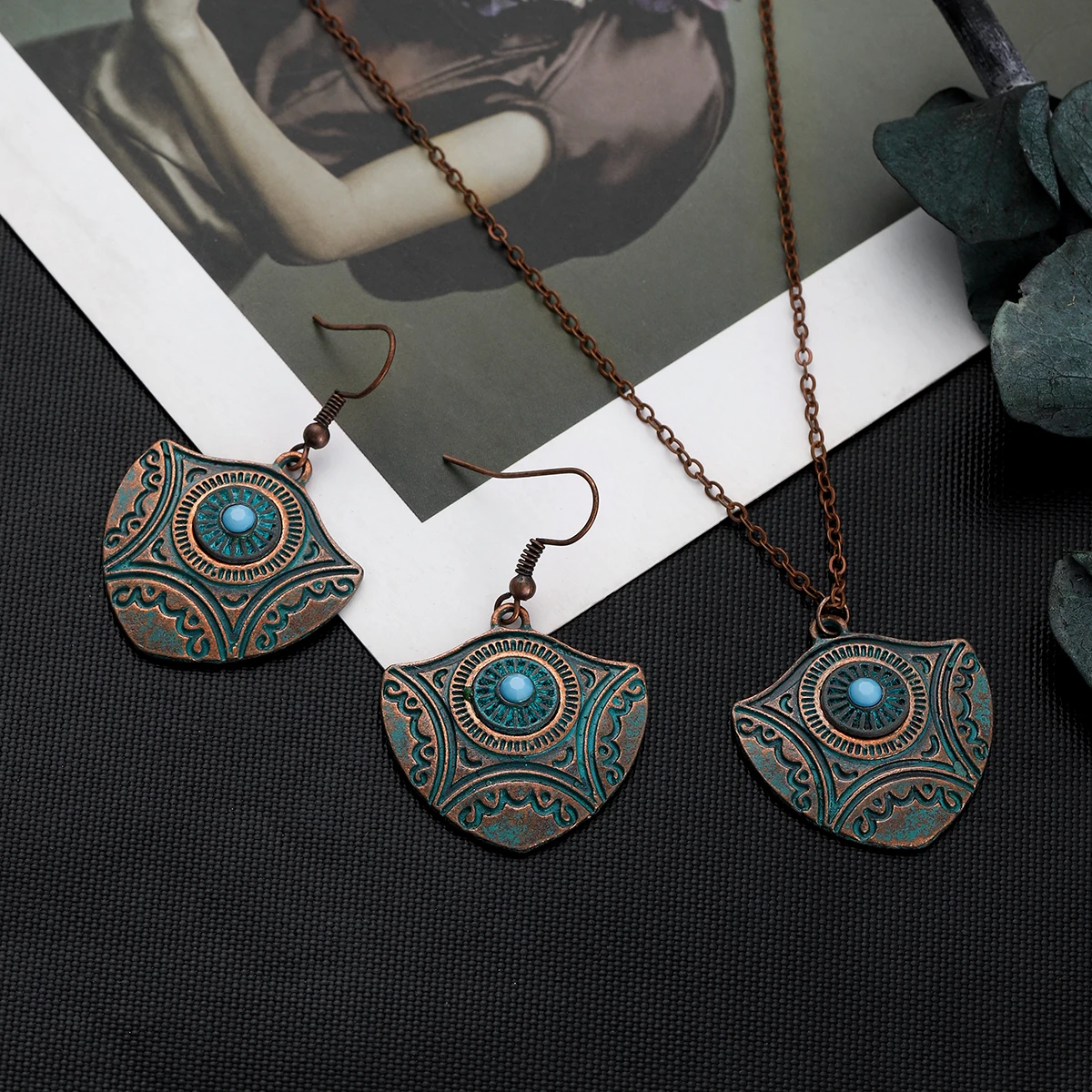Bohemian Bead Geometric Pattern Earrings Necklace Vintage Gypsy Metal Carved Alloy Pendant Earrings Women Jewelry Sets