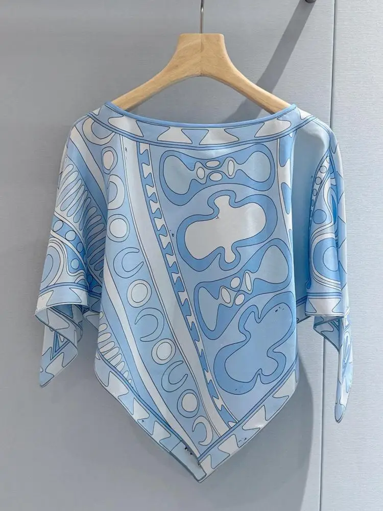 Geometric Print Silk Poncho Shirt Women's Loose Elegant Holiday Blue Top Blouse