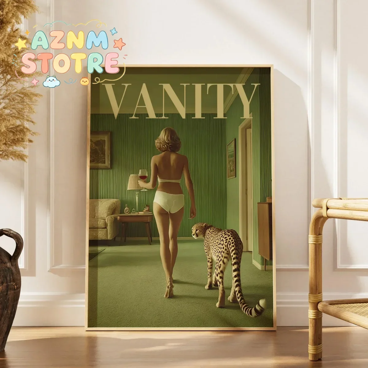 Vintage Woman with Cheetah Canvas Prints Poster Fashion Magazine Vanity Animal Art Print Living Room Wall Art Home Decor Post