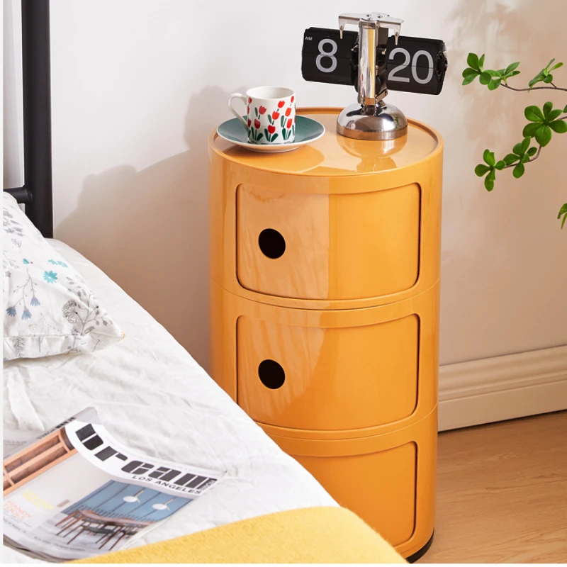 Ins สไตล์ Minimalist โต๊ะข้างเตียงโมเดิร์นสีขาวตู้กลมพลาสติกด้านข้าง Nightstand สําหรับห้องนอนขนาดกะทัดรัด