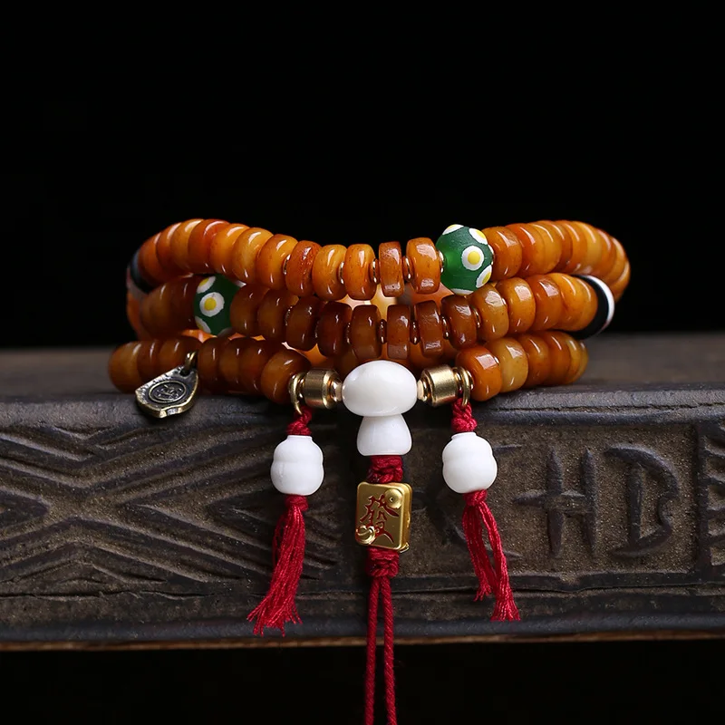 Hand-Held 108-Bead Buddhist Prayer Made Of Yak , Agate, Copper Beads, And Deer Bone With Three-Way Connectors