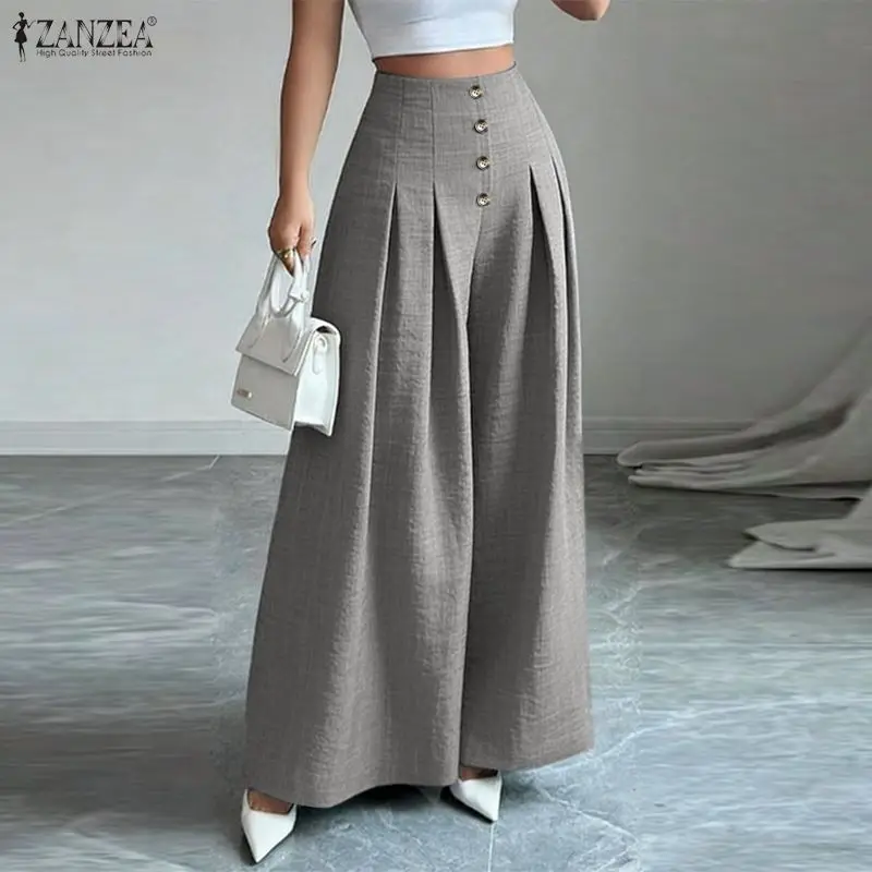 Minimalistische Damenhose mit weitem Bein, hohe Taille, plissiert, einfarbig, lockere Hose, ZANZEA, elegante OL-Pantalones für Pendler, Femme