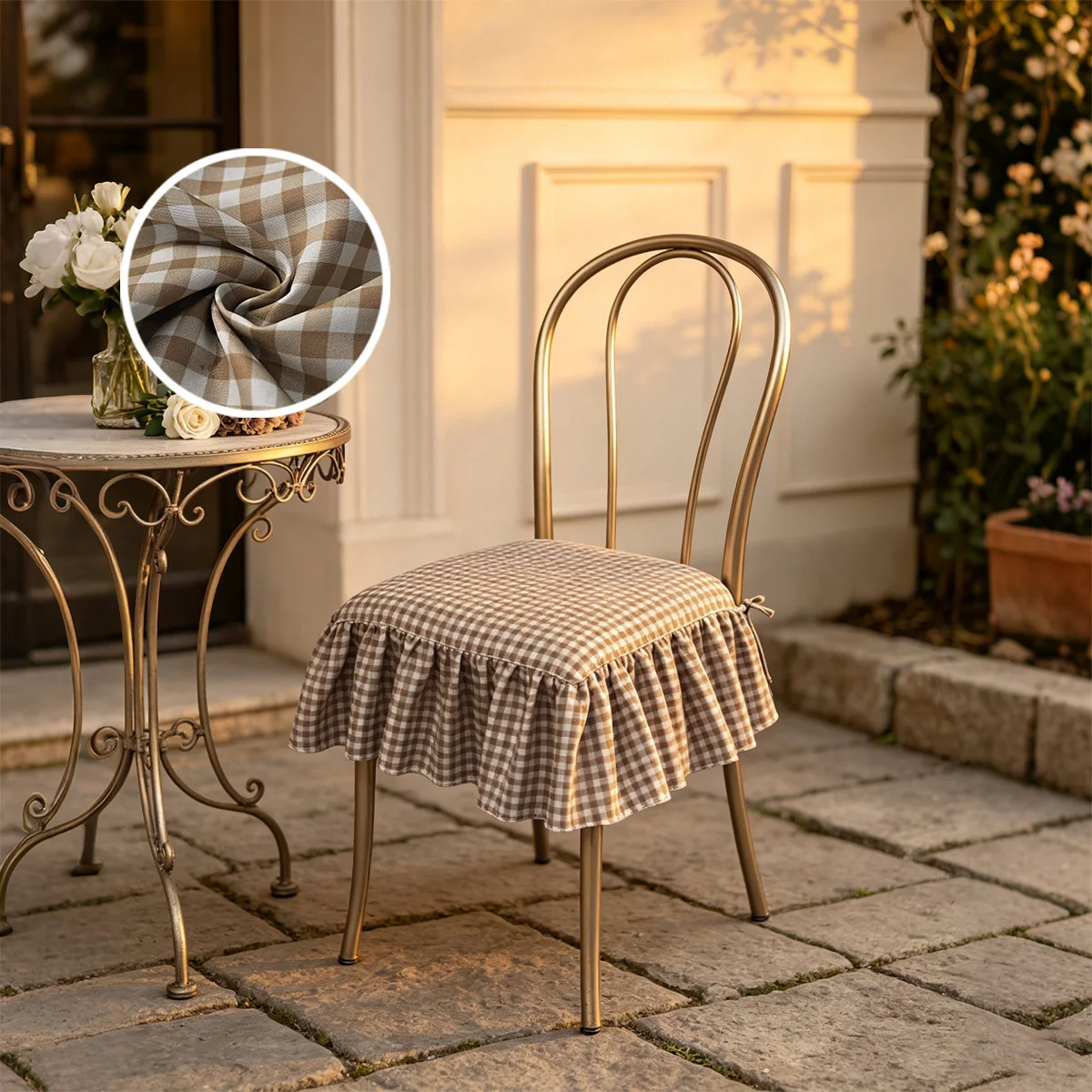Cute Ruffled Checkered Chair Seat Cover with Ties, Non-Slip Gingham Cushion Slipcover for Dining Chair, Stool & Kitchen Decor
