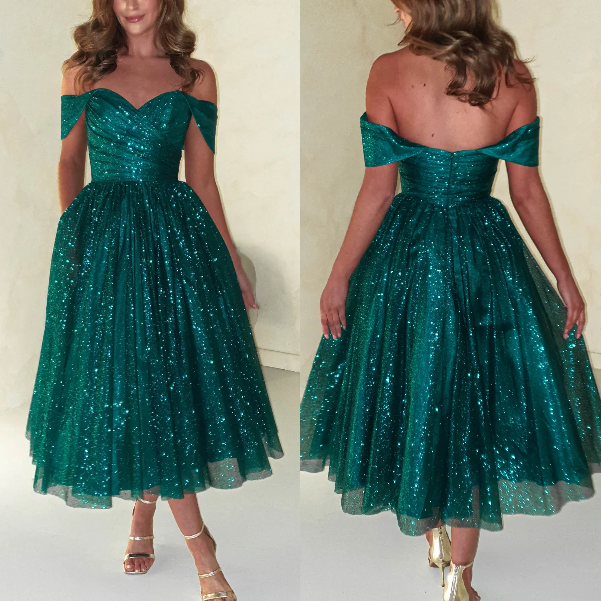 

Emerald Green Sparkly Tulle Prom Dresses Off the Shoulder A-line Tea-Length Party Wear Elegant Pleats Backless Lady Evening Gown