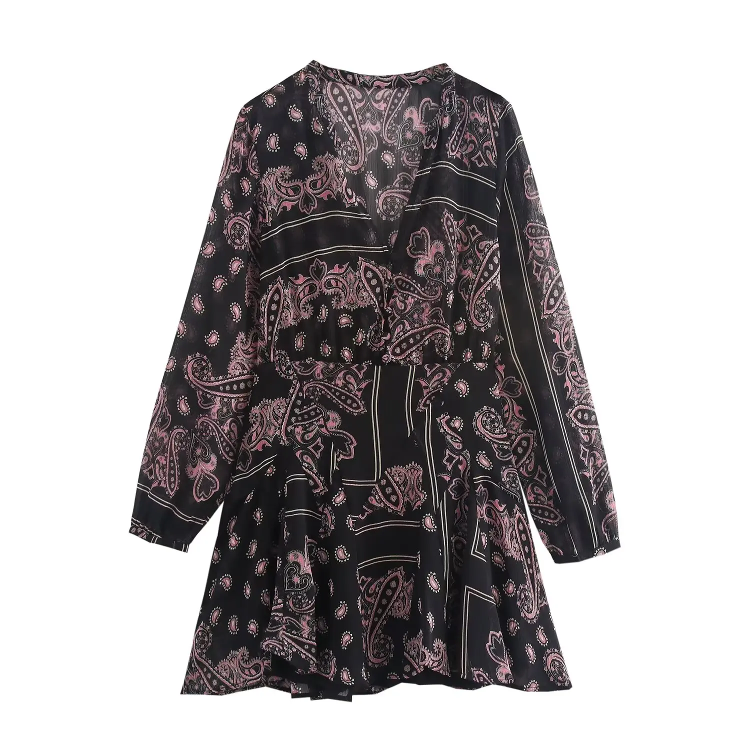 

Women's new Chic fashion button decoration casual print V Neck mini dress retro long sleeved women's dress Vestitos Mujer