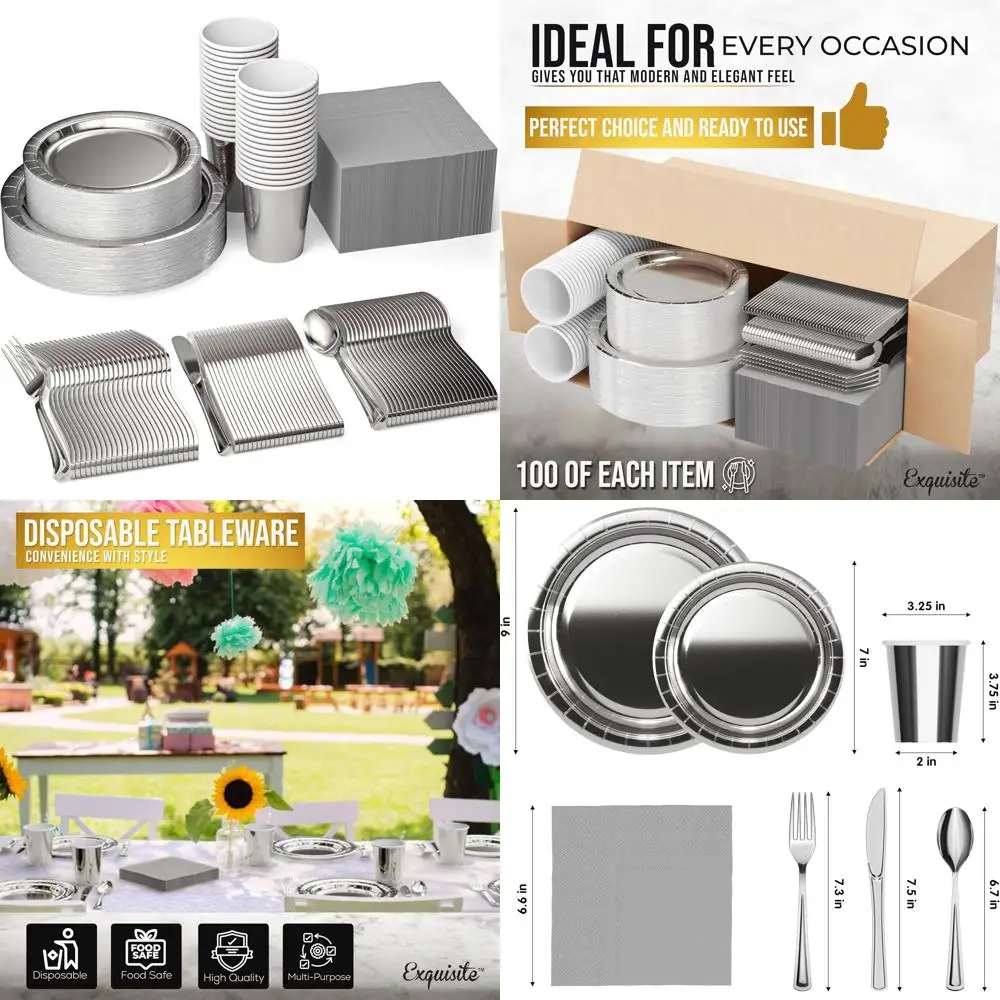 

Изысканные серебряные бумажные тарелки из 700 предметов для вечеринки, набор серебряных одноразовых тарелок, 100 штук каждого 9 наборов обеденных тарелок, 7 десертных платов