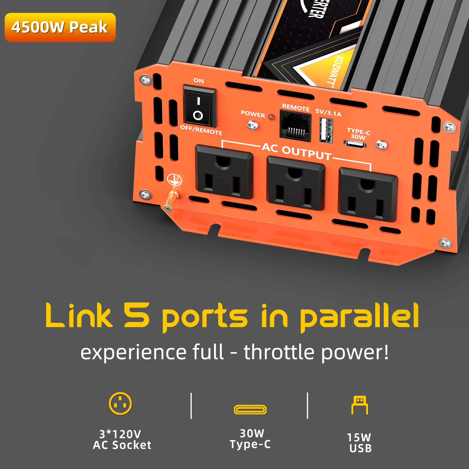 1500 واط 4500 واط الذروة عاكس الطاقة موجة جيبية نقية مع جهاز التحكم عن بعد شاشة الكريستال السائل USB نوع-C حماية متعددة للتخييم RV