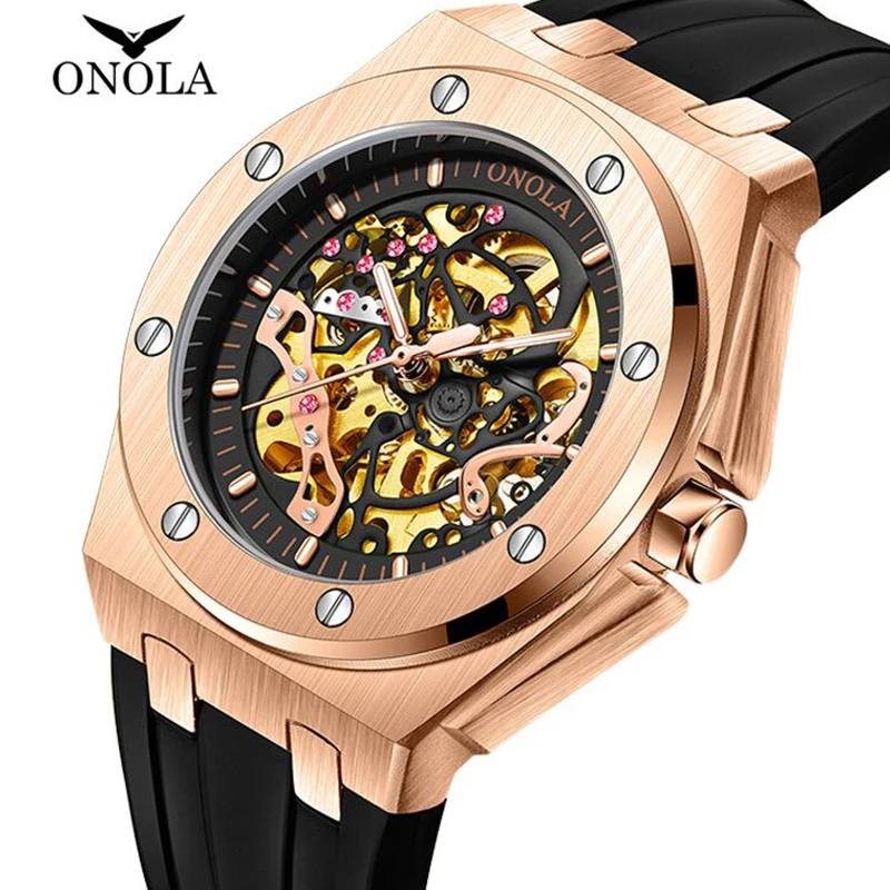 Orologi da uomo in stile sportivo di lusso di marca ONOLA orologio da polso meccanico automatico con scheletro con puntatori luminosi impermeabili