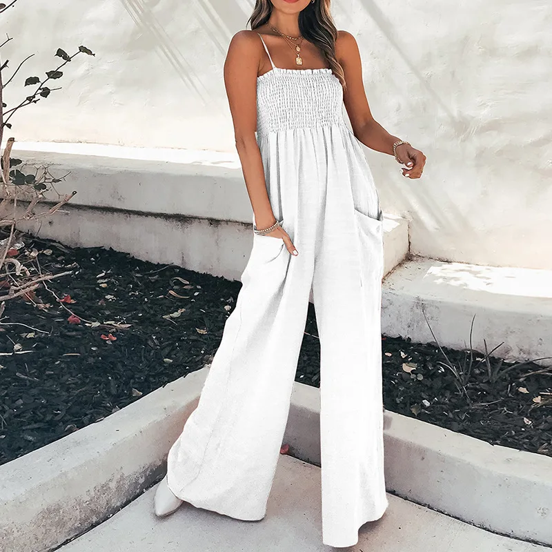 2024women New Solid Color Pleated Chest-wrapped Simple Slimming High-waist Suspender Pocket Jumpsuit Wide-leg Pants Flared Pants