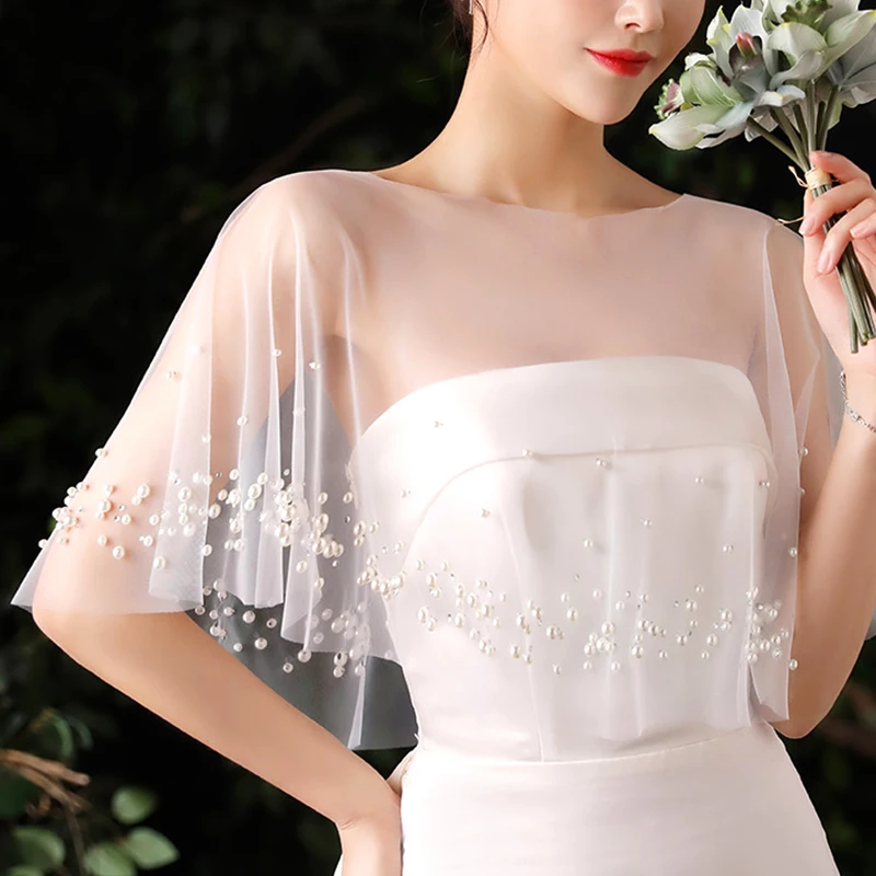 Women Sheer Tulle Pleated Wedding Shawl Rhinestone Pearl Beads White Capelet Bolero Vintage High Low Shrug Wrap Cover Up