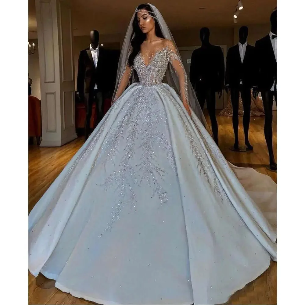 

Customized Sweetheart Beading Sequined Wedding Gown Long Sleeves Pearls Floor Length Court Train Chic Bride Dress