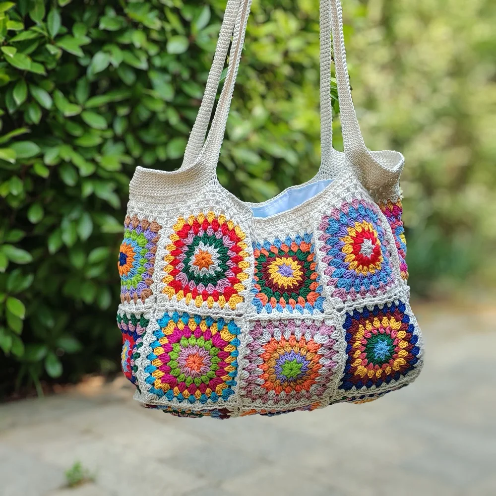 Women Crochet Granny Square Bag Knitted Handbag Large Capacity Tote Shoulder Bag for Grocery Shopping