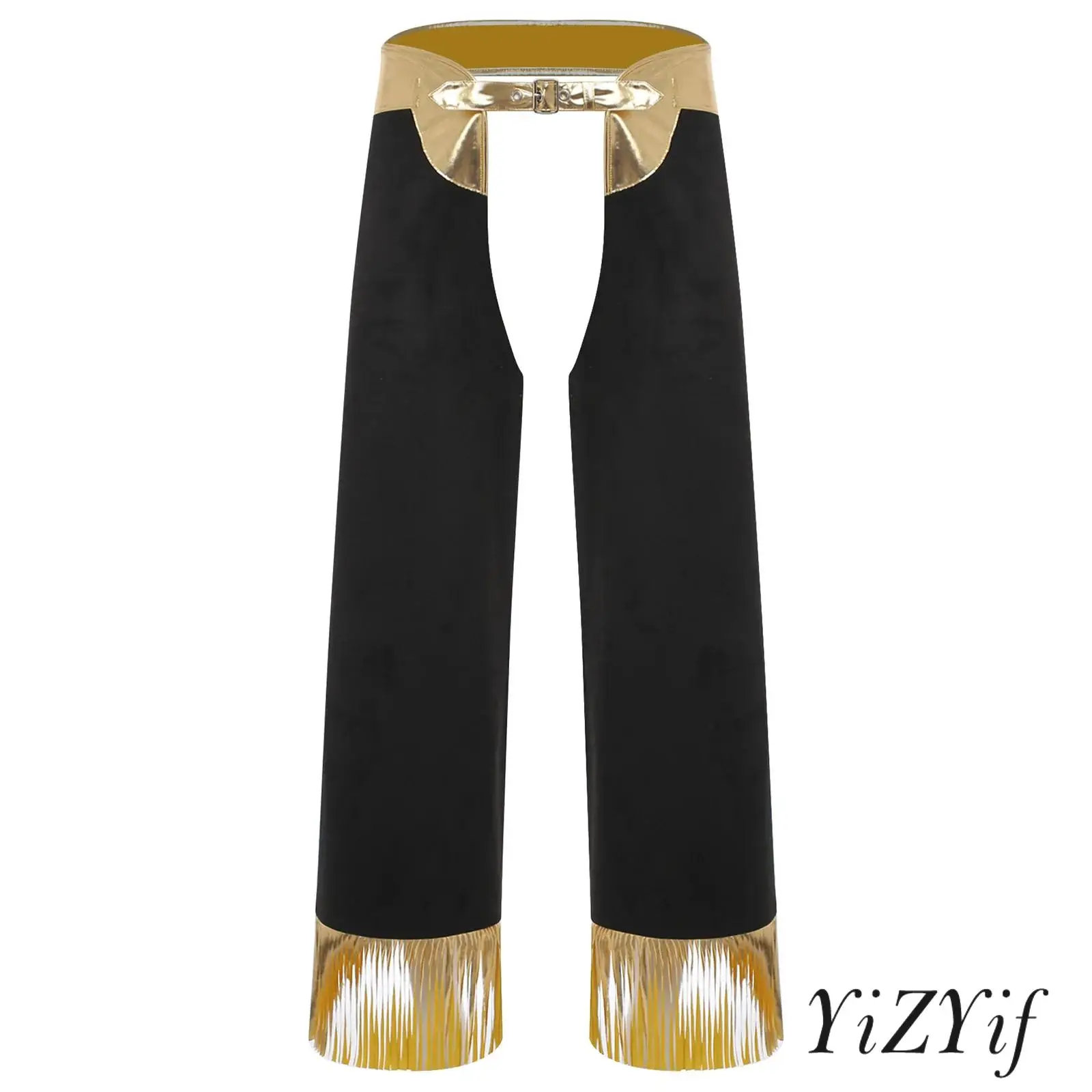 Męskie spodnie kowbojskie na Halloween, metaliczne, błyszczące, z frędzlami, regulowany pas, wycięty krok, długie spodnie do jazdy na byciach.