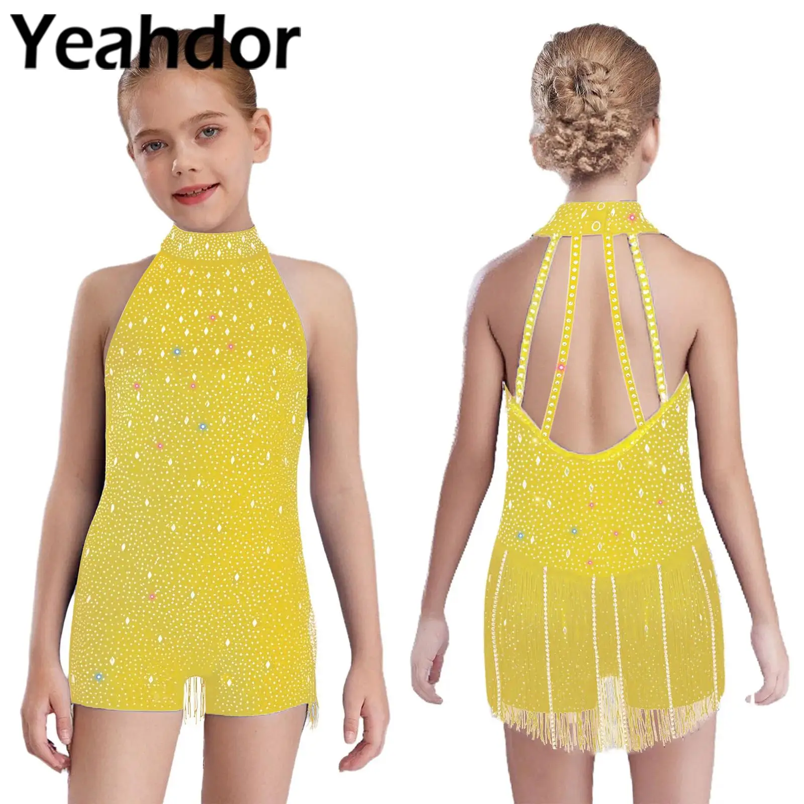 Kinderen Meisjes Latin Jazz Dans Gymnastiek Turnpakje Omzoomd Jumpsuit Stage Performance Kostuum Elegante Backless Halter Hals Body