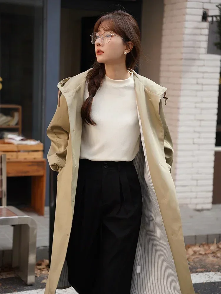 Korean Style Spring Autumn Casual Loose Fit Hooded Trench Coat Women Mid-Length Long Sleeve Chic Elegant Coat for Casual Looks