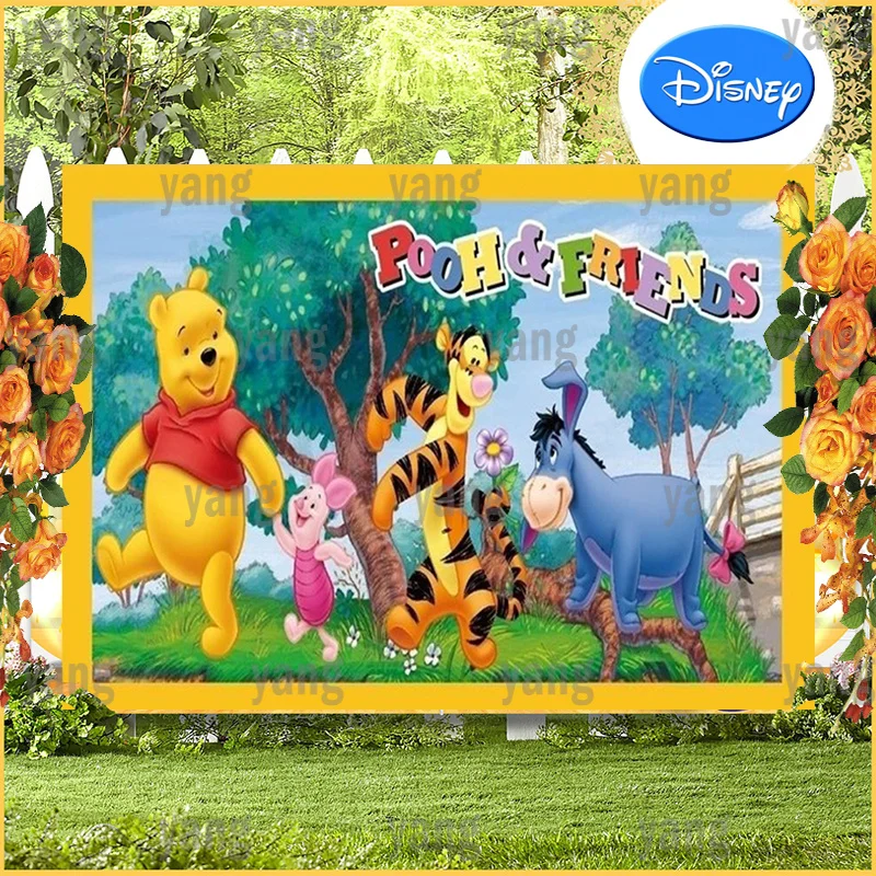 Lovely Disney Birthday Decoration Backdrop Party Winnie Bear Cartoon Forest Background  Tigger Piglet Banner Custom Baby Shower