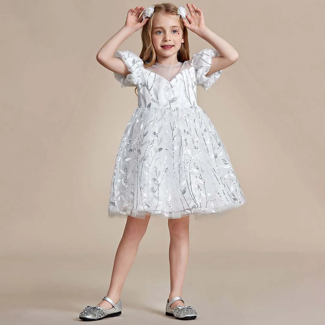 YZYmanualroom Sparkling A-line Flower Girl Dress with Puffy Sleeves 2-15T