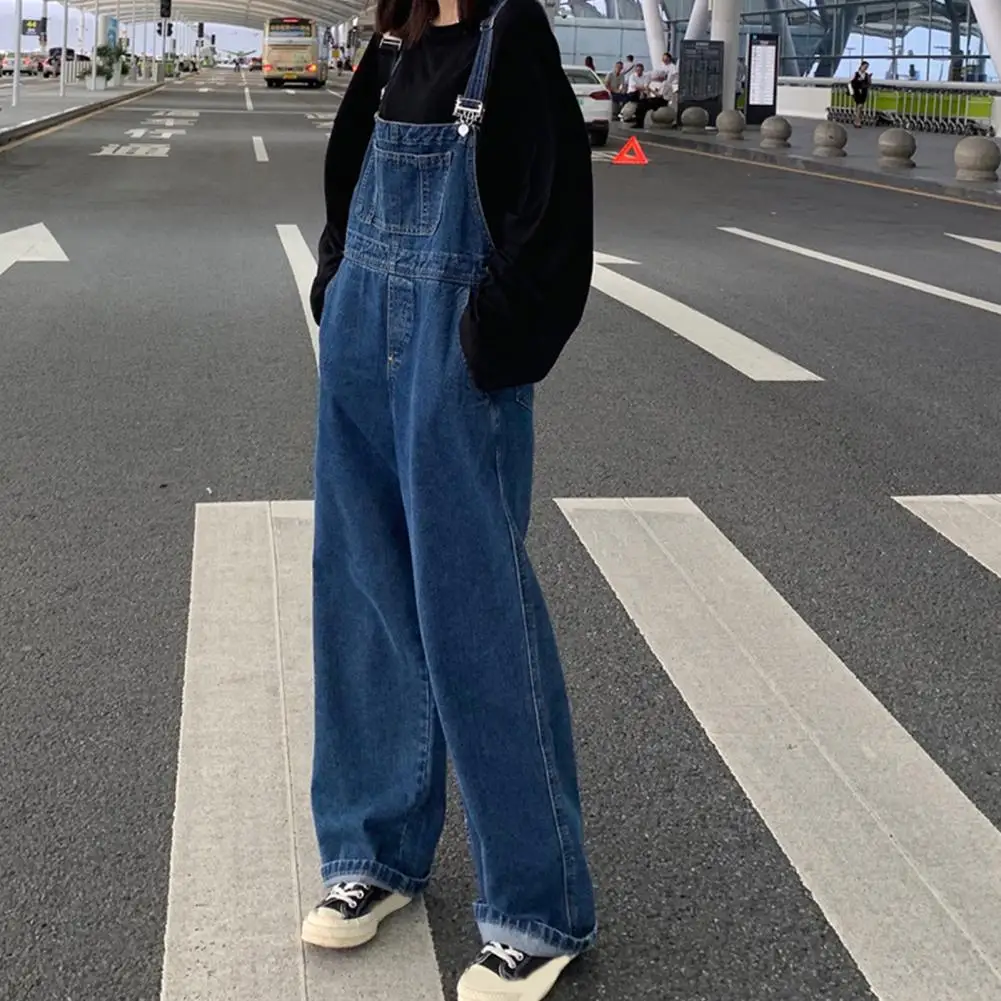 

Women Cotton Blend Jumpsuit Women's Wide-leg Denim Bib Overalls with Adjustable Straps Pockets Baggy Jeans Jumpsuits for Spring